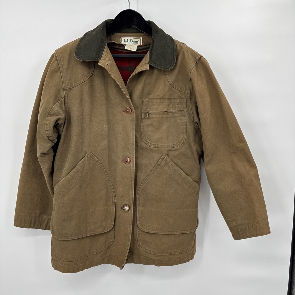 Vintage LL Bean Coat Womens M Brown Canvas Plaid Wool Lined Barn Chore USA 80s
